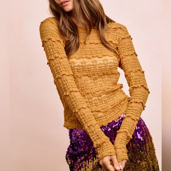 Feminine BiBi Ruffle Detail Flower Lace Top Stretch Extra Long Sleeve Sheer Bls